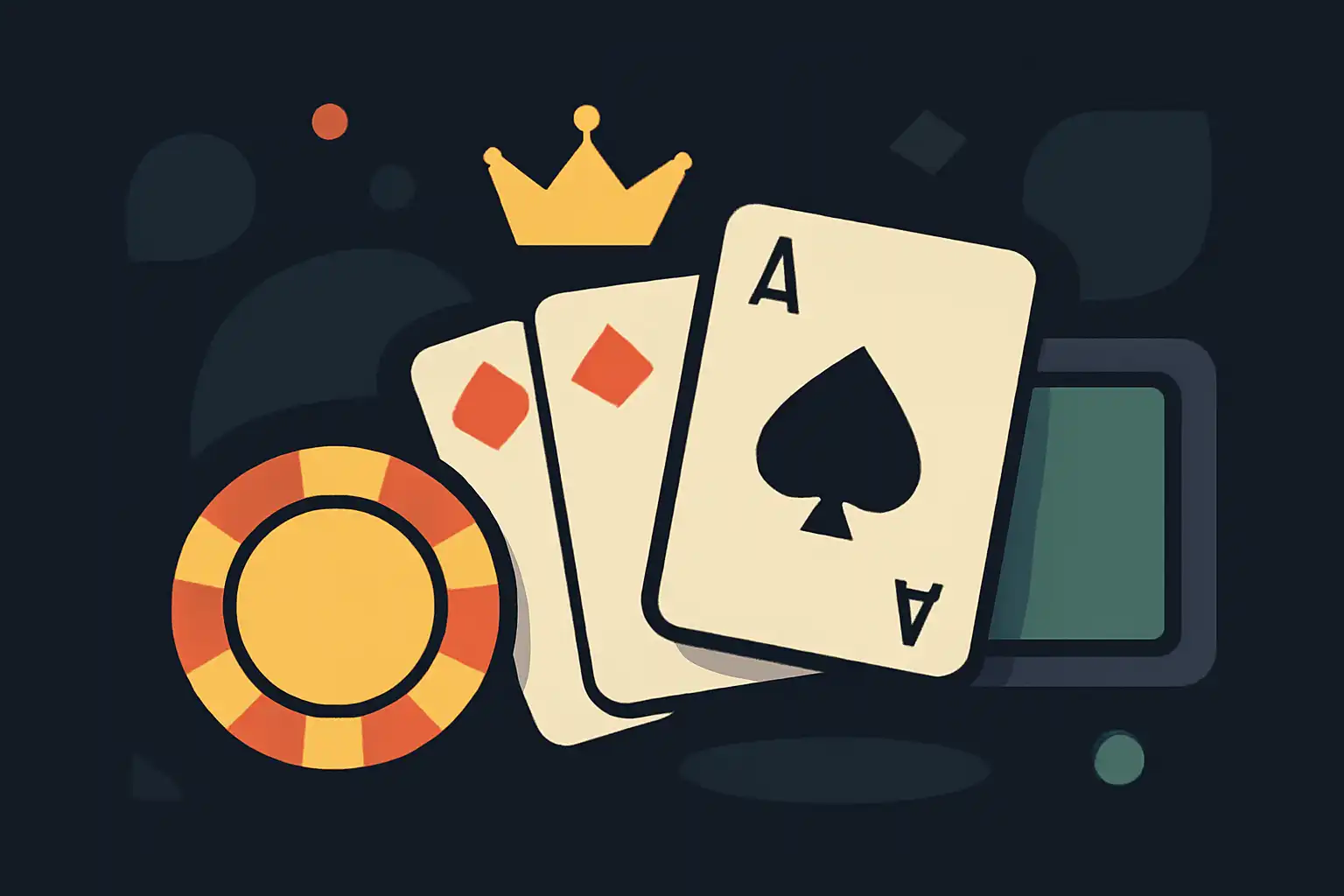 Hero illustration: Teen Patti Master, modern flat design, dark background, brand-neutral, icons and shapes only, no text