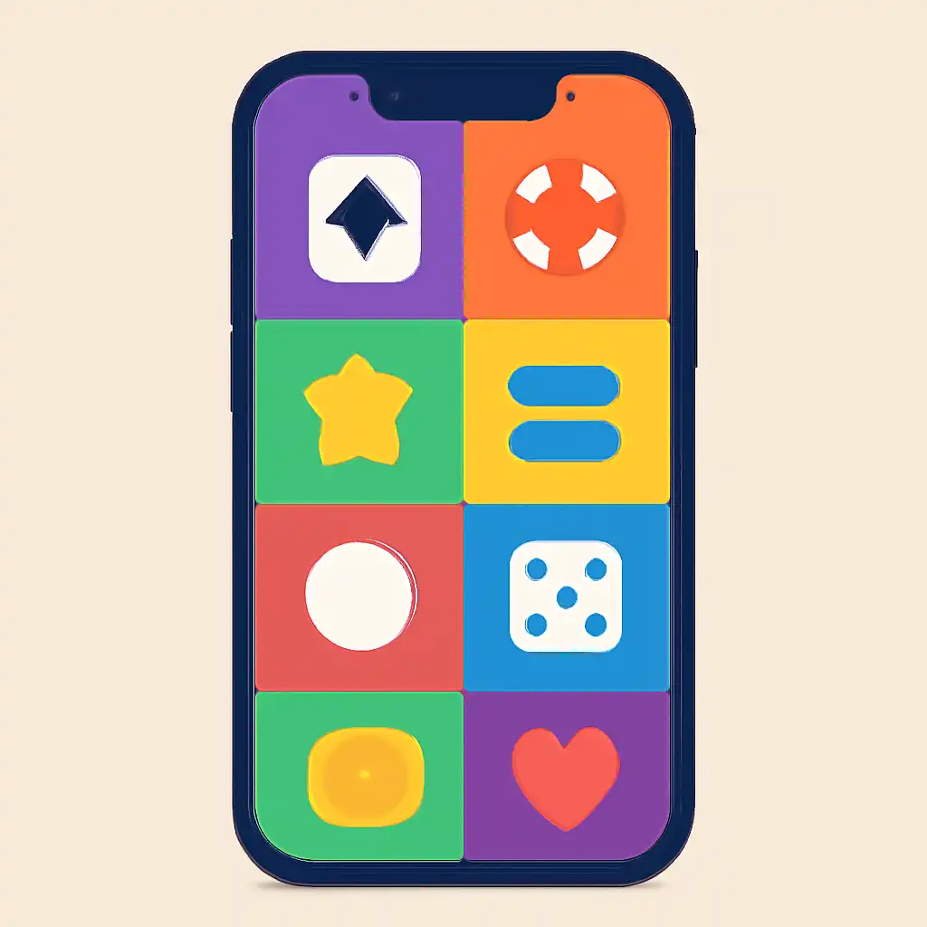 Smartphone shown from the front displaying a colourful flat layout of abstract game icons and rounded tiles (no text, no letters, no labels), Teen Patti Master