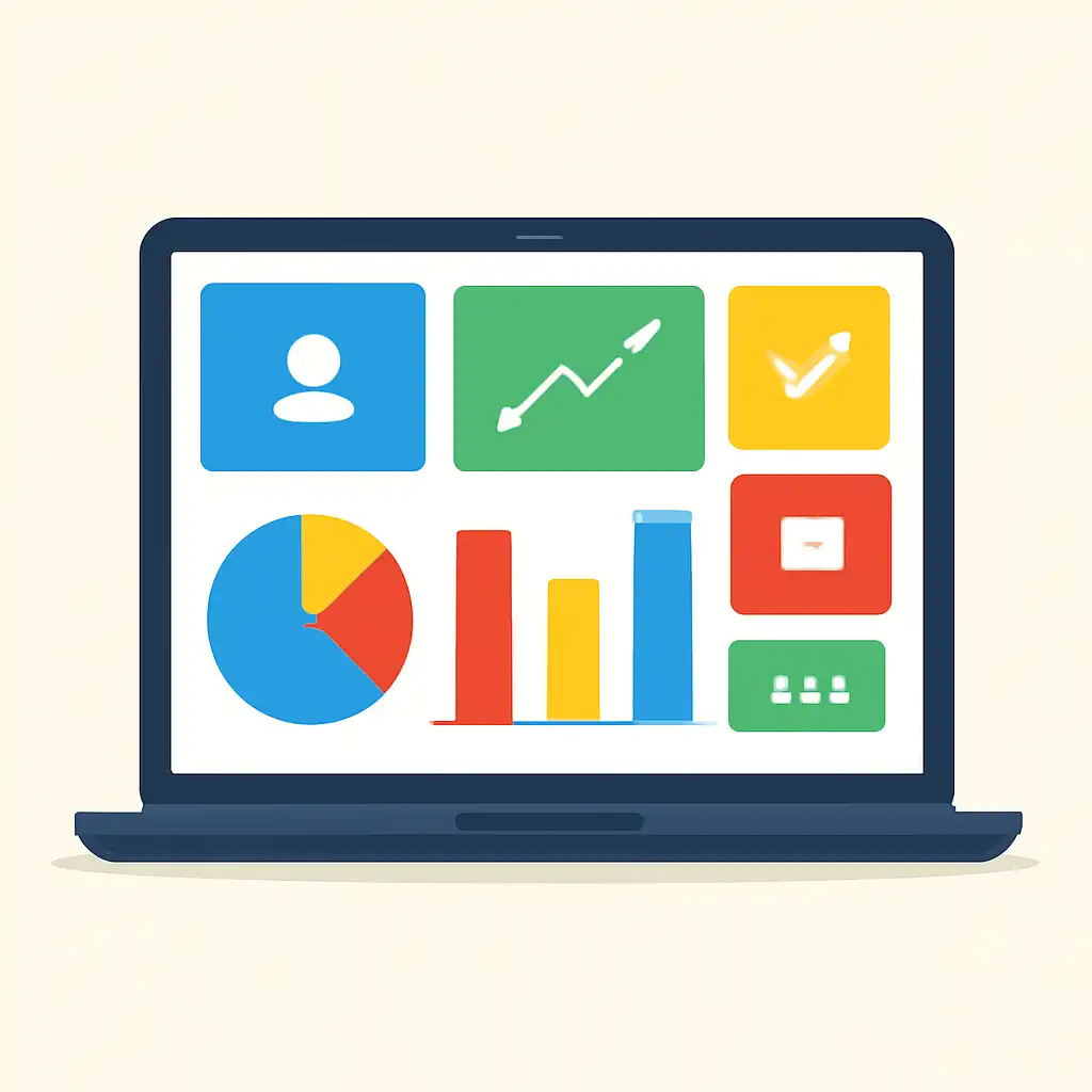 Laptop shown from the front displaying a colourful flat dashboard of abstract charts, bars and icon tiles (no text, no letters, no labels), Teen Patti Master