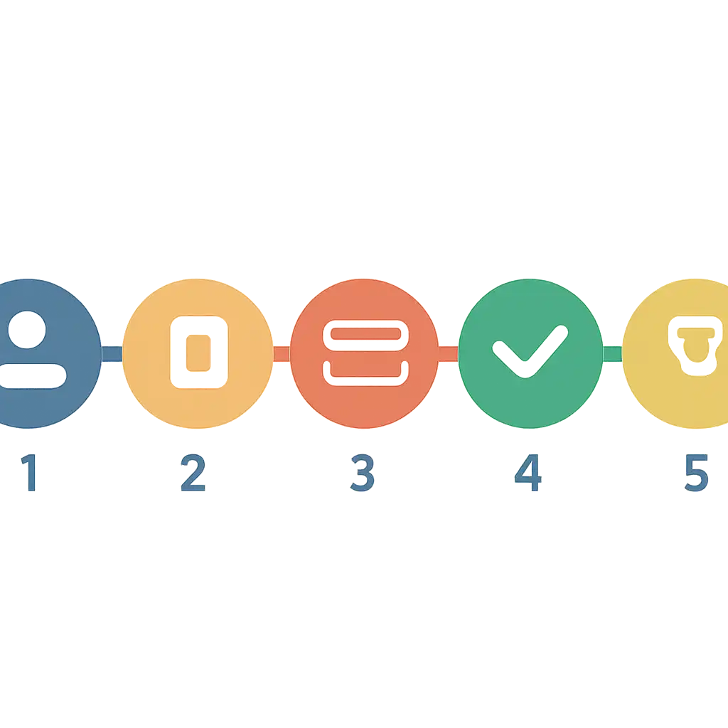 Five numbered circular icons connected by arrows in a horizontal flow, flat illustration, icons only, no words, Teen Patti Master steps