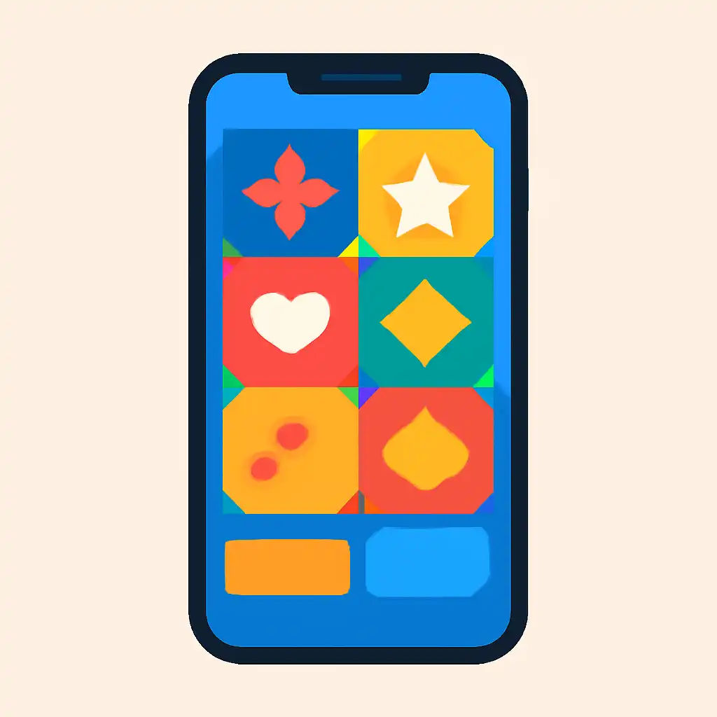 Smartphone shown from the front displaying a colourful flat layout of abstract game icons and rounded tiles (no text, no letters, no labels), Is Teen Patti Master Safe? What to Check Before You Deposit
