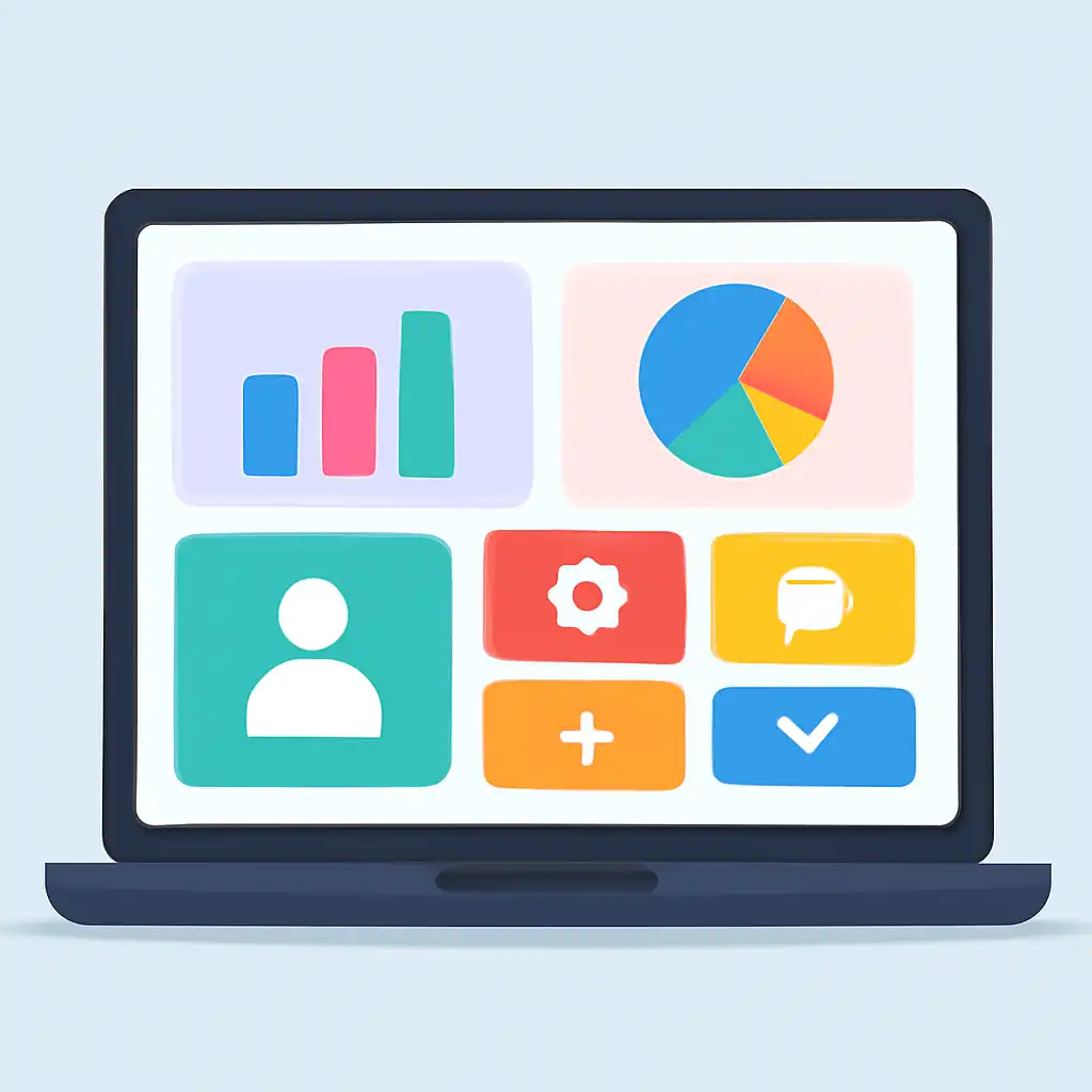 Laptop shown from the front displaying a colourful flat dashboard of abstract charts, bars and icon tiles (no text, no letters, no labels), Is Teen Patti Master Safe? What to Check Before You Deposit