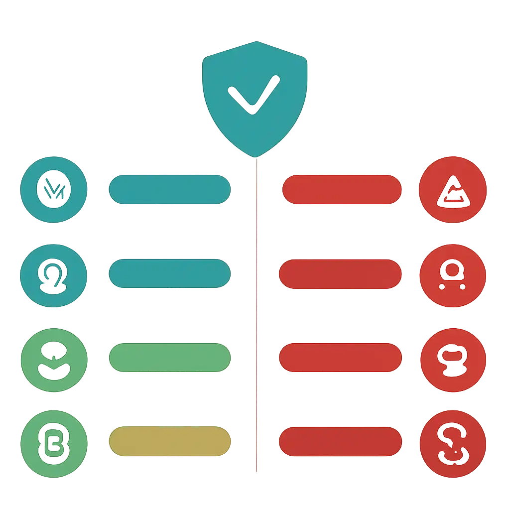 Infographic comparing options using coloured bars and icons only, no text or labels, flat design, Is Teen Patti Master Safe? What to Check Before You Deposit