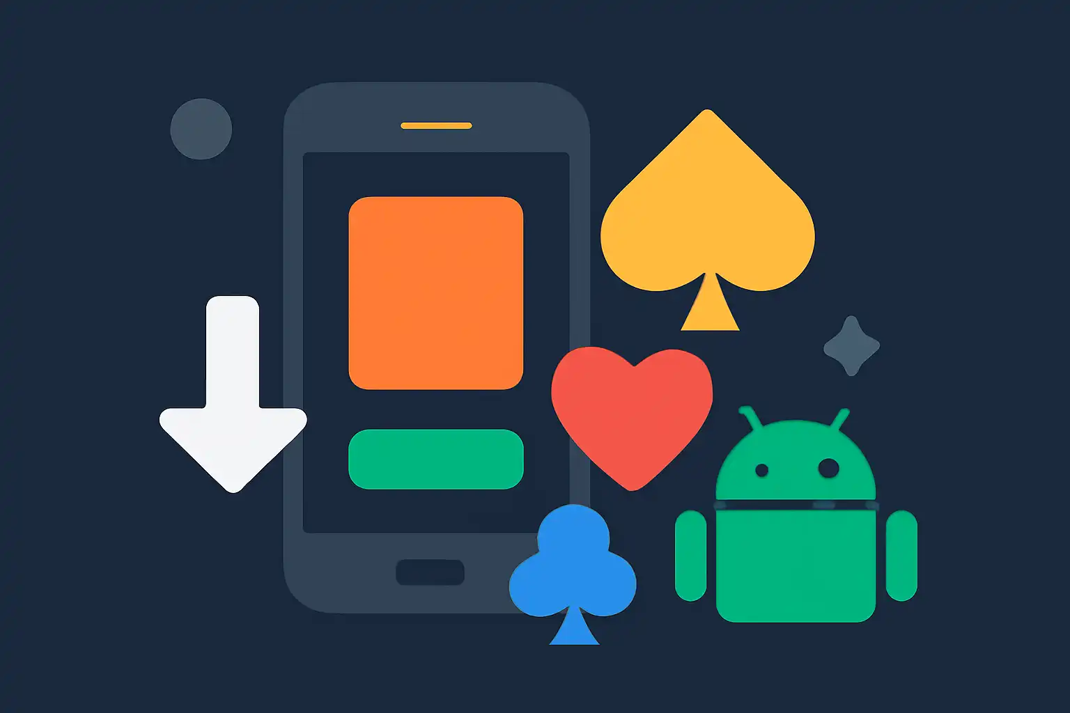 Hero illustration: Teen Patti Master: Download and Install on Android, modern flat design, dark background, brand-neutral, icons and shapes only, no text