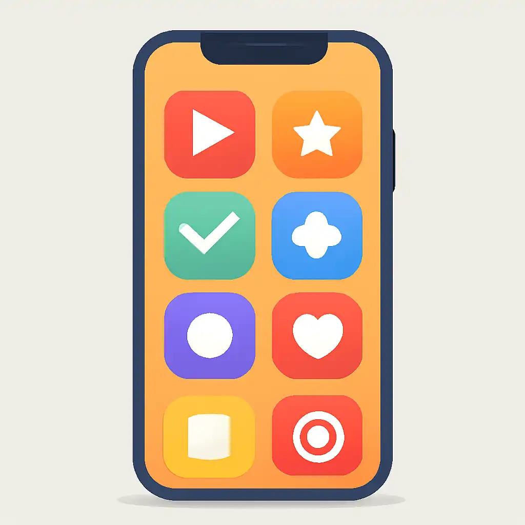 Smartphone shown from the front displaying a colourful flat layout of abstract game icons and rounded tiles (no text, no letters, no labels), Teen Patti Master: Download and Install on Android