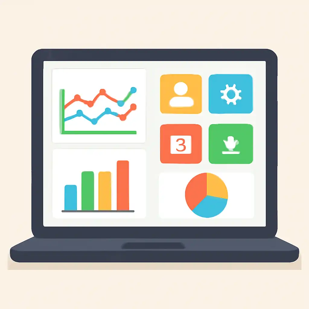 Laptop shown from the front displaying a colourful flat dashboard of abstract charts, bars and icon tiles (no text, no letters, no labels), Teen Patti Master: Download and Install on Android