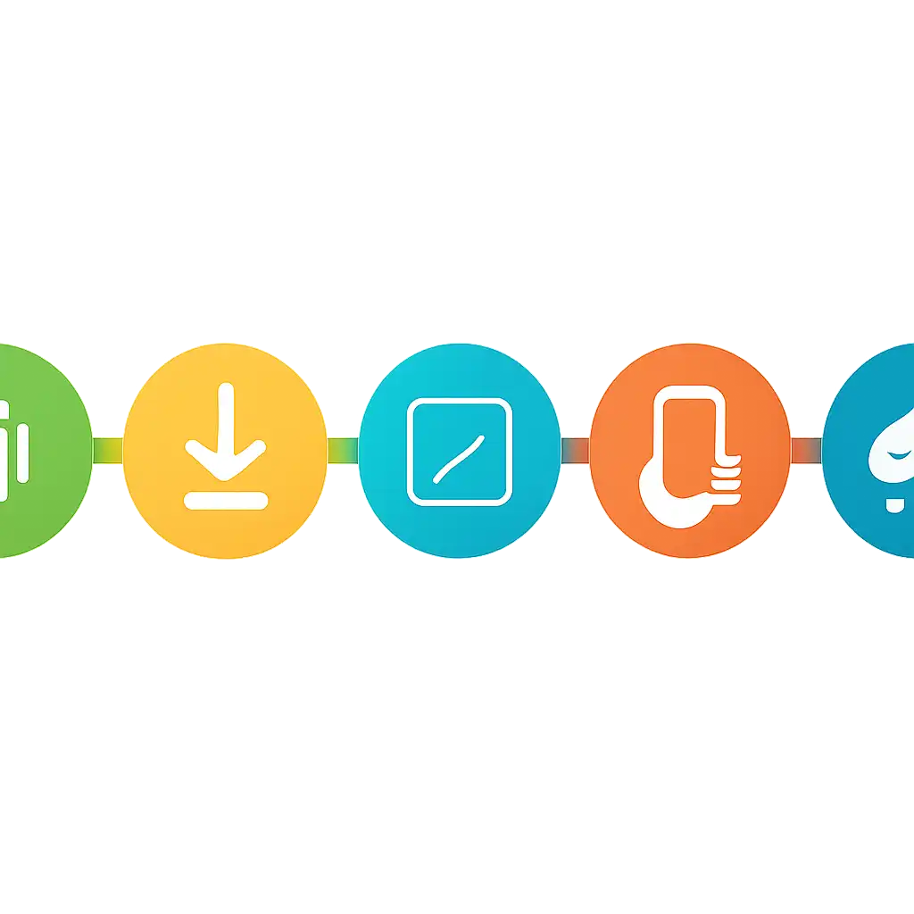 Five numbered circular icons connected by arrows in a horizontal flow, flat illustration, icons only, no words, Teen Patti Master: Download and Install on Android steps