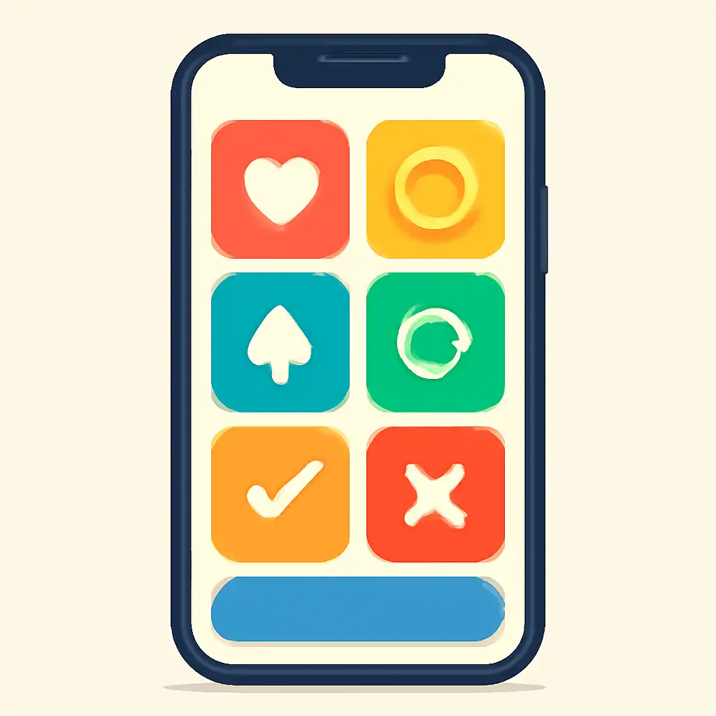 Smartphone shown from the front displaying a colourful flat layout of abstract game icons and rounded tiles (no text, no letters, no labels), Teen Patti Master Withdrawal Process and Timelines