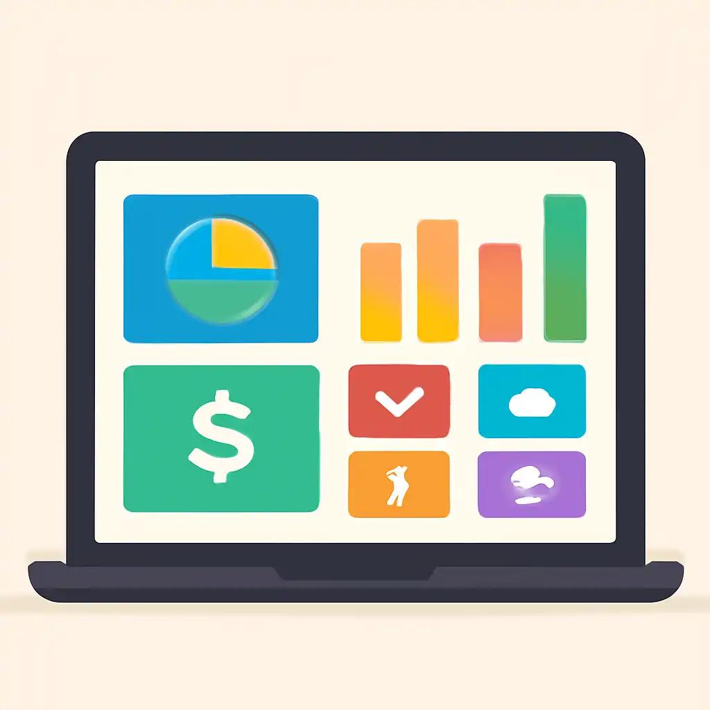 Laptop shown from the front displaying a colourful flat dashboard of abstract charts, bars and icon tiles (no text, no letters, no labels), Teen Patti Master Withdrawal Process and Timelines