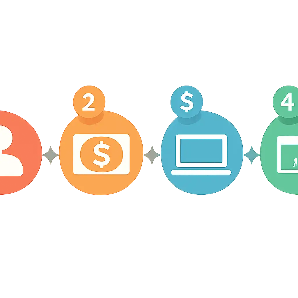 Five numbered circular icons connected by arrows in a horizontal flow, flat illustration, icons only, no words, Teen Patti Master Withdrawal Process and Timelines steps
