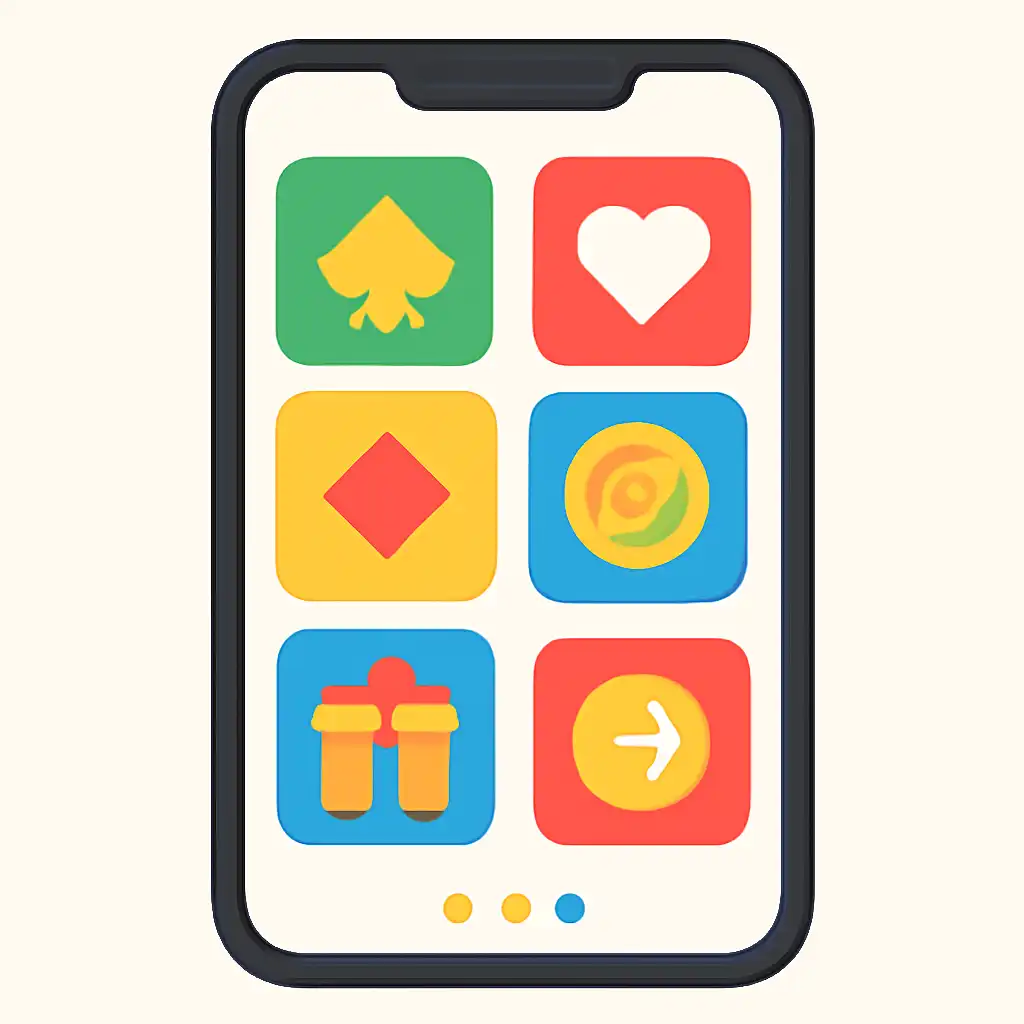 Smartphone shown from the front displaying a colourful flat layout of abstract game icons and rounded tiles (no text, no letters, no labels), Teen Patti Master Games, Bonuses and Referral Rewards
