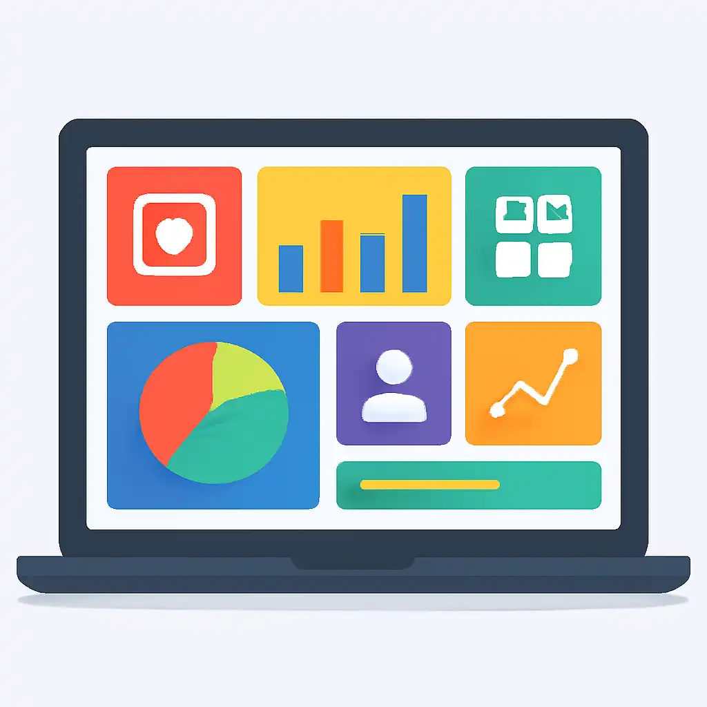 Laptop shown from the front displaying a colourful flat dashboard of abstract charts, bars and icon tiles (no text, no letters, no labels), Teen Patti Master Games, Bonuses and Referral Rewards