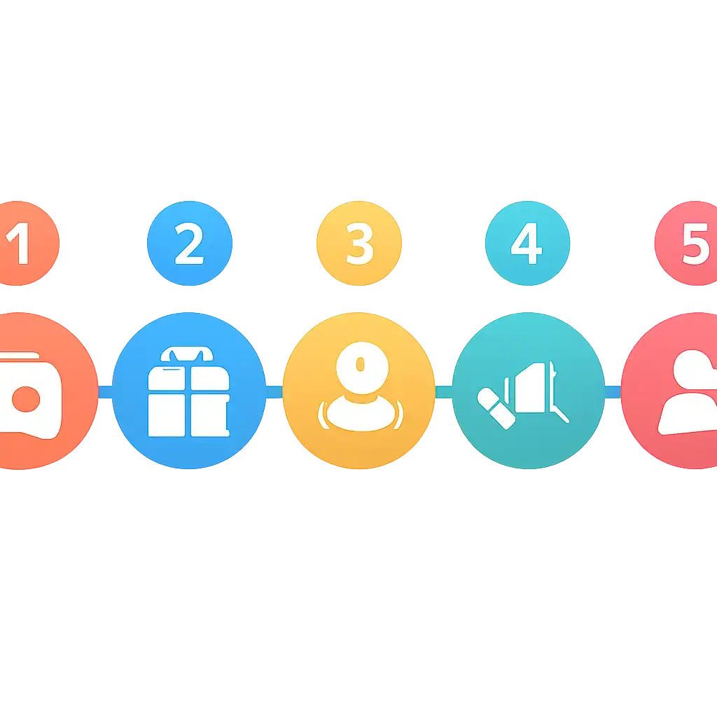 Five numbered circular icons connected by arrows in a horizontal flow, flat illustration, icons only, no words, Teen Patti Master Games, Bonuses and Referral Rewards steps