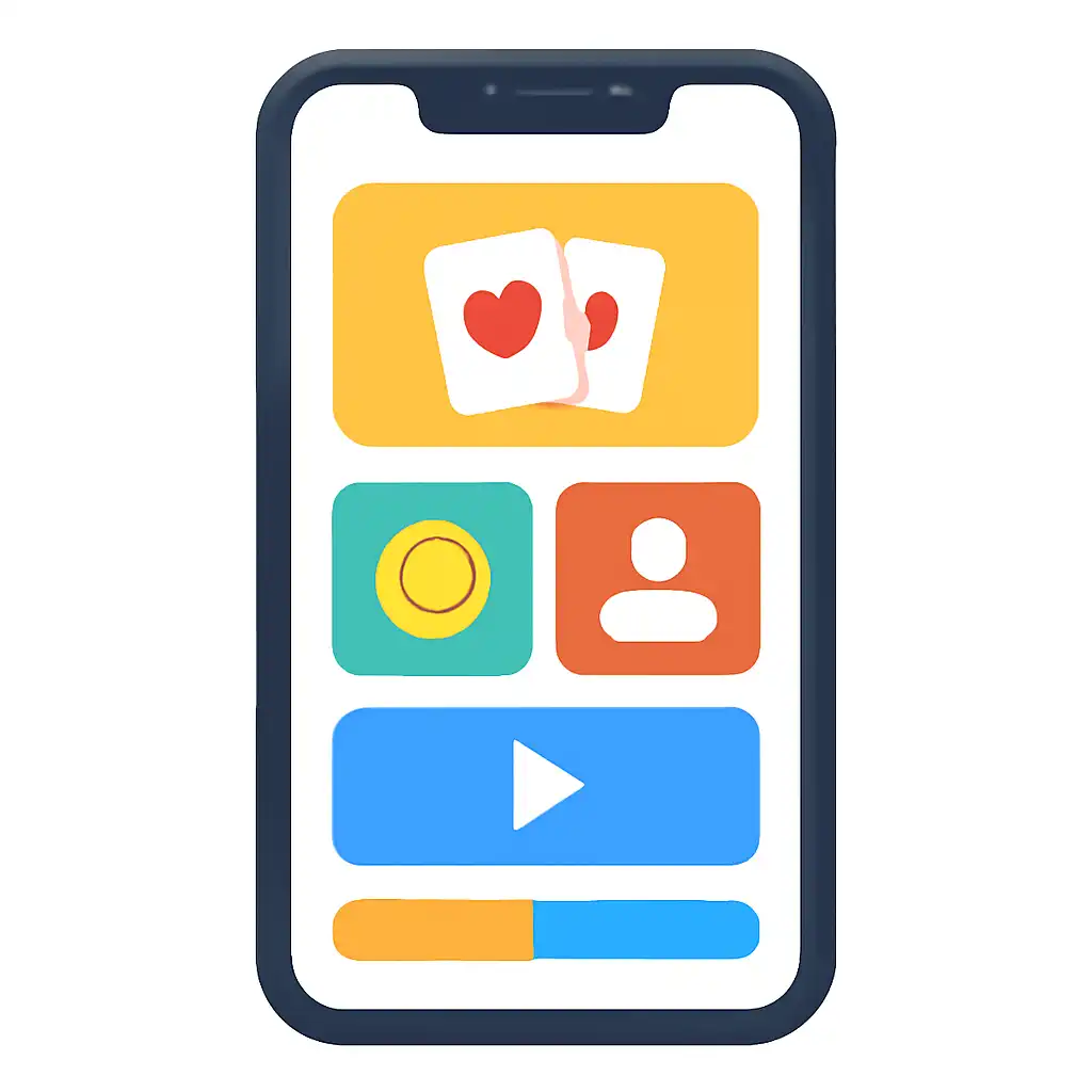 Smartphone shown from the front displaying a colourful flat layout of abstract game icons and rounded tiles (no text, no letters, no labels), Teen Patti Master Registration and Login Steps