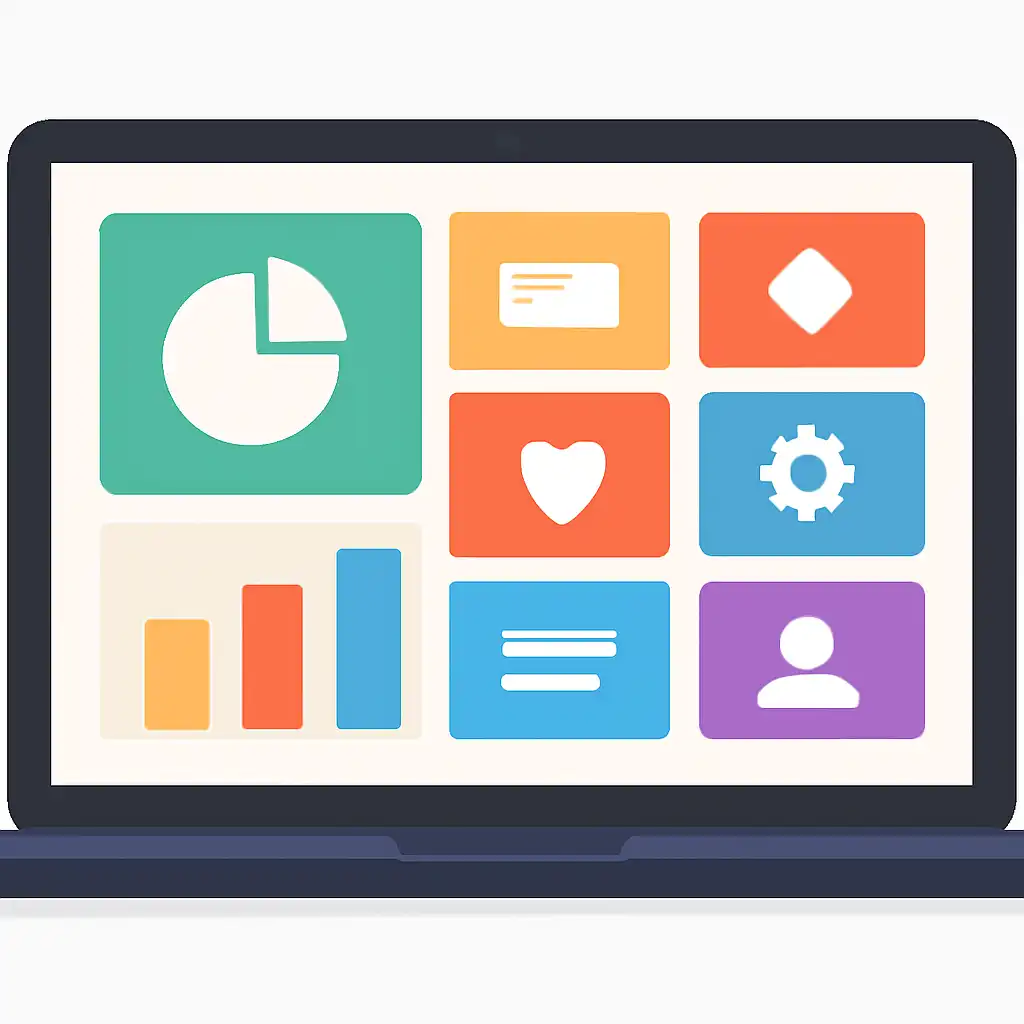 Laptop shown from the front displaying a colourful flat dashboard of abstract charts, bars and icon tiles (no text, no letters, no labels), Teen Patti Master Registration and Login Steps