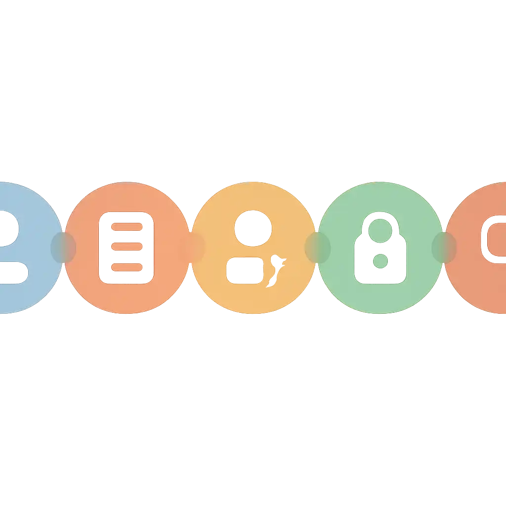 Five numbered circular icons connected by arrows in a horizontal flow, flat illustration, icons only, no words, Teen Patti Master Registration and Login Steps steps