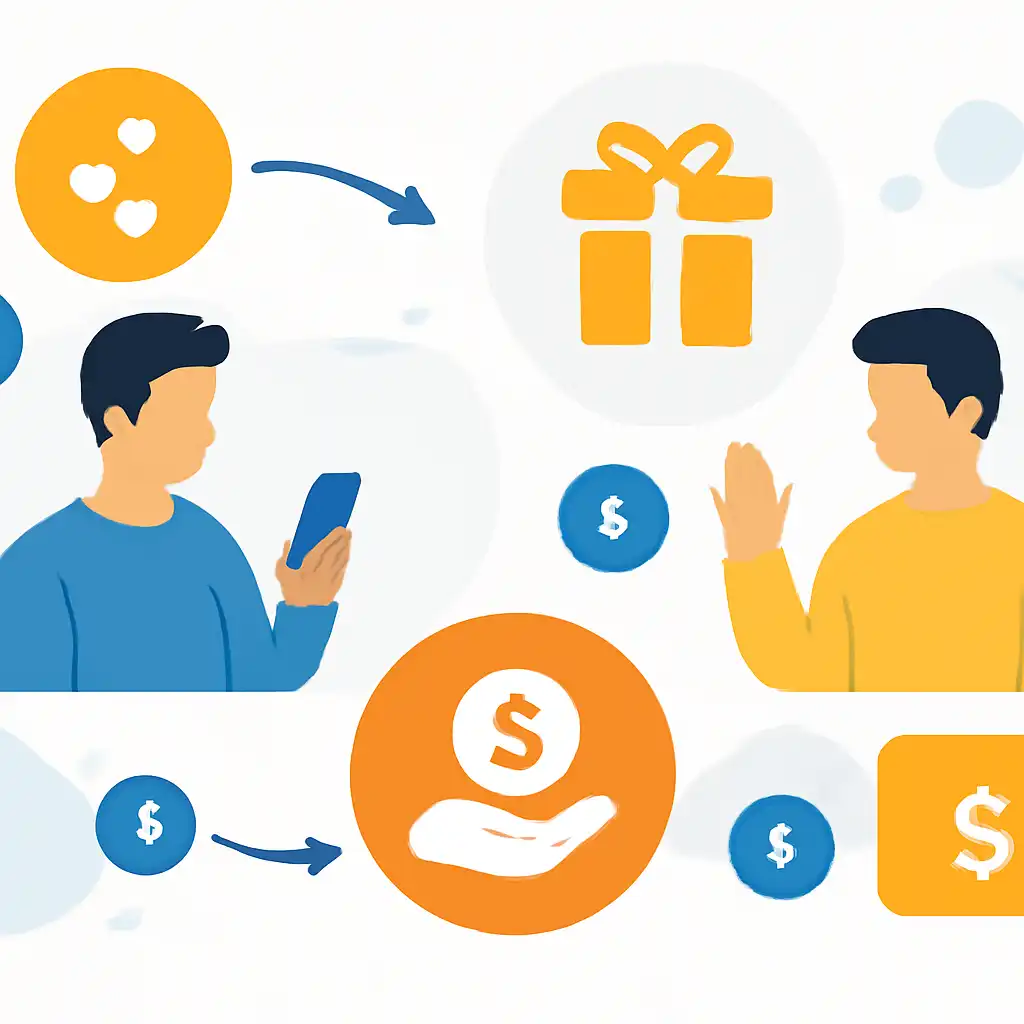 Annotated step diagram: referral rewards process with numbered callouts