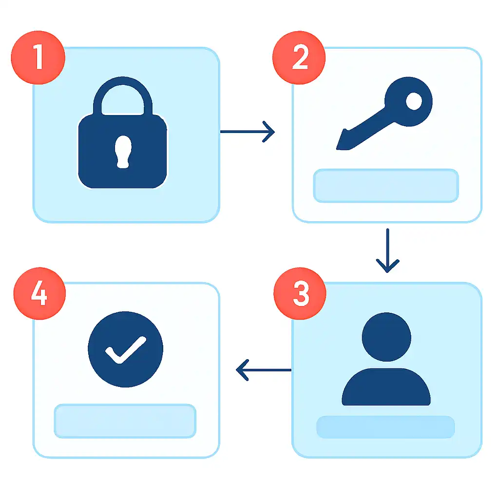Annotated step diagram: password reset process with numbered callouts