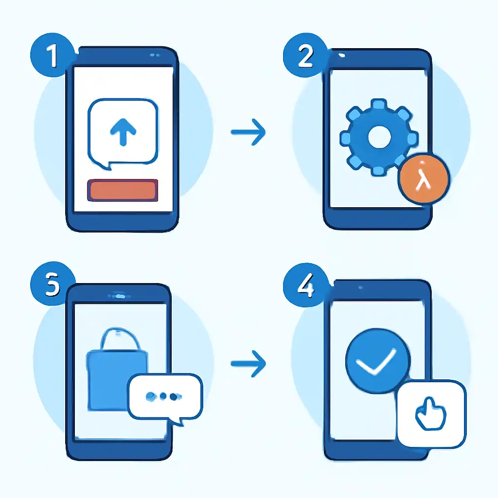 Annotated step diagram: app update problems process with numbered callouts