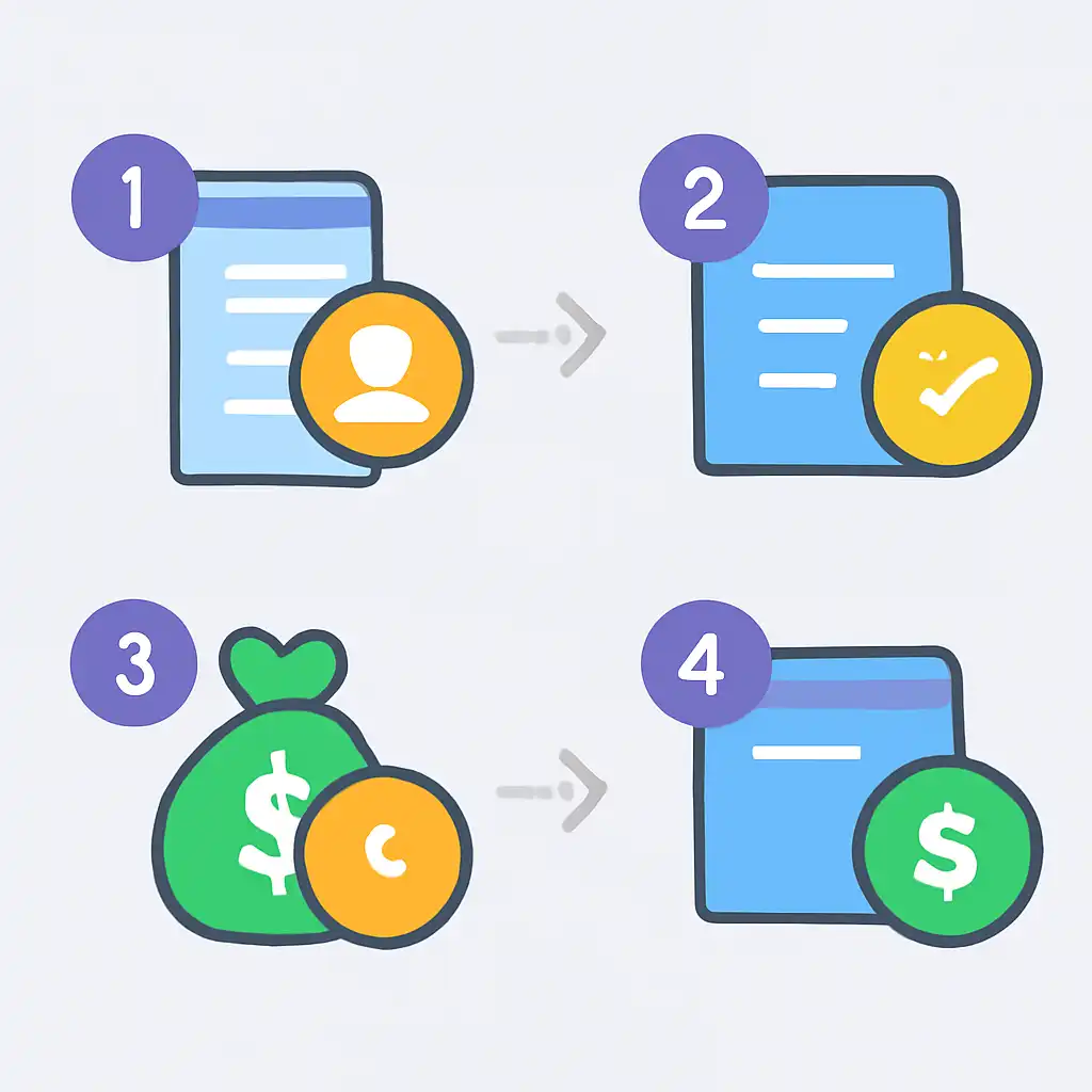 Annotated step diagram: payout timings process with numbered callouts