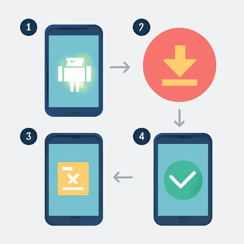Annotated step diagram: android apk install process with numbered callouts
