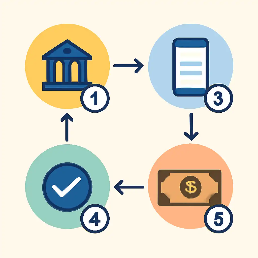Annotated step diagram: bank transfer times process with numbered callouts