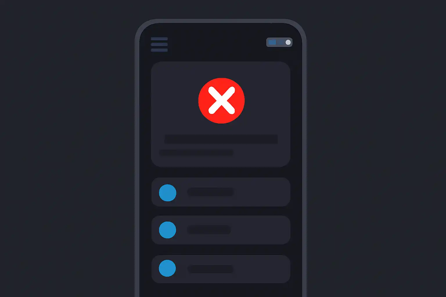 Detail screen: failed transactions, mobile-first UI mockup, dark theme
